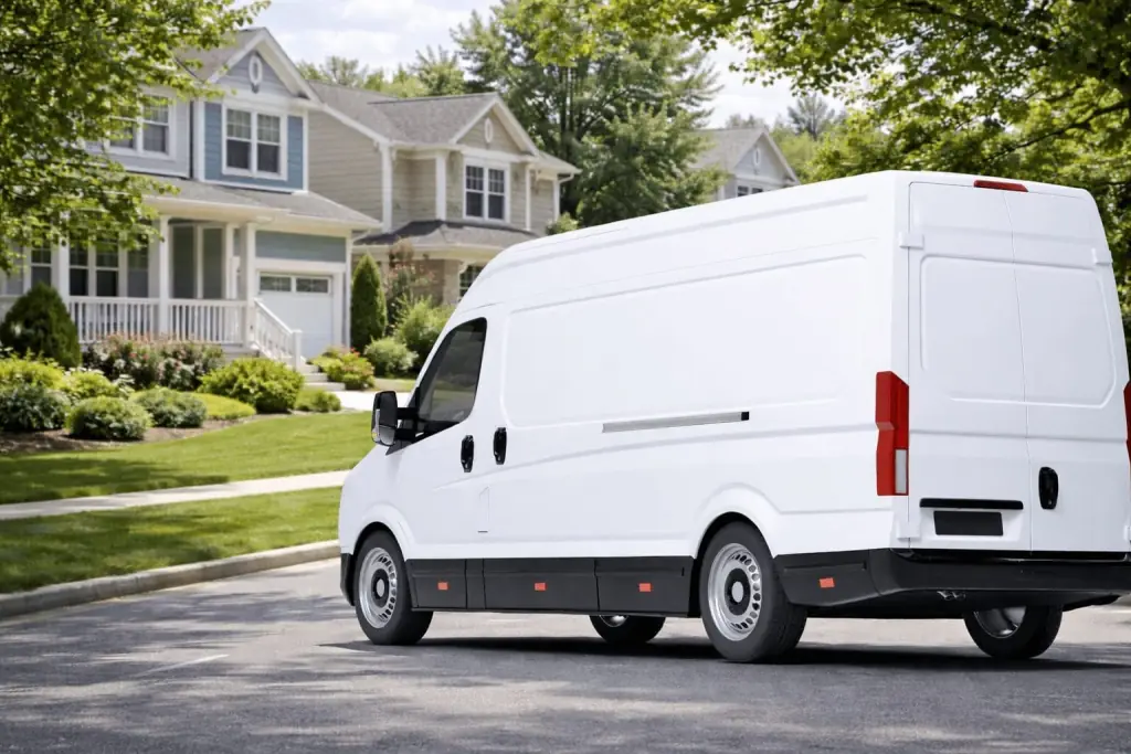 A white cargo van offering Laundry Pickup and Delivery in Portland OR is parked on a suburban street in front of houses with green lawns and trees.