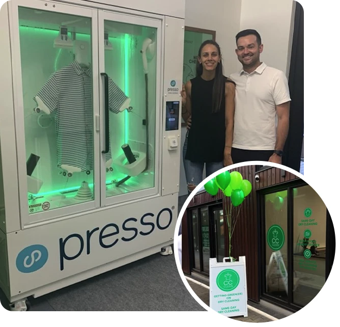 Two people stand next to a Presso laundry machine, with a striped shirt inside. An inset shows a storefront with green balloons and a sign advertising garment cleaning.