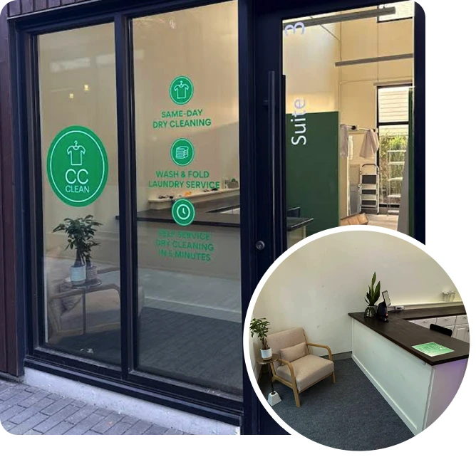 Exterior and interior views of a dry cleaning business; the window displays service options and the reception area features a chair, counter, and plants.