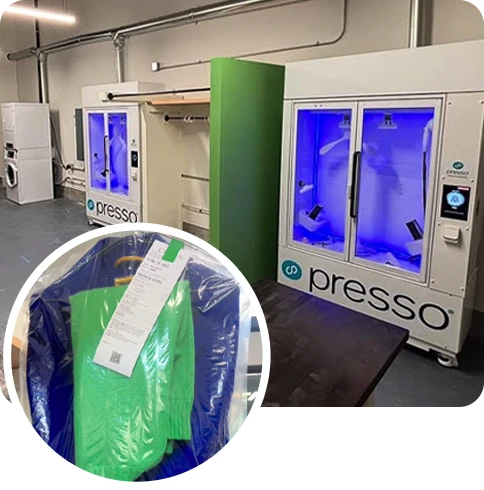 Two Presso cleaning machines in a laundry facility; inset shows a green sweater packaged in plastic with a receipt attached.